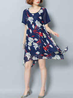 Blue Shift Knee Length Plus Size Floral Dress for Casual Party Evening