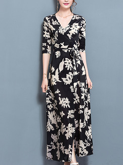 Black Shift Maxi Plus Size V Neck Wrap Floral Dress for Casual Beach