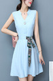 Blue Fit & Flare Above Knee Plus Size V Neck Dress for Casual Party Evening Office
