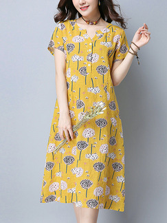 Yellow Colorful Shift Knee Length Plus Size Floral Dress for Casual Party