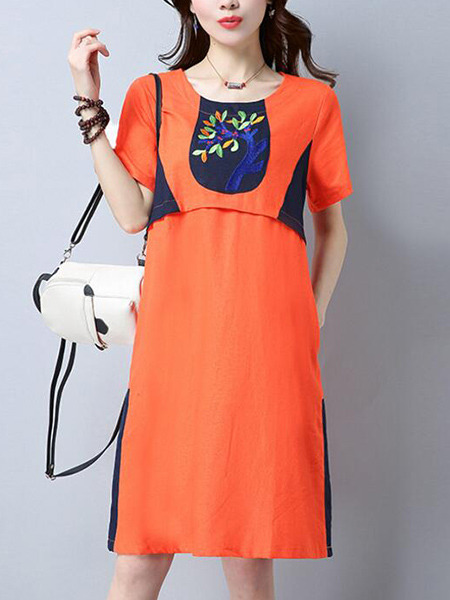 Orange and Blue Shift Above Knee Plus Size Dress for Casual Party
