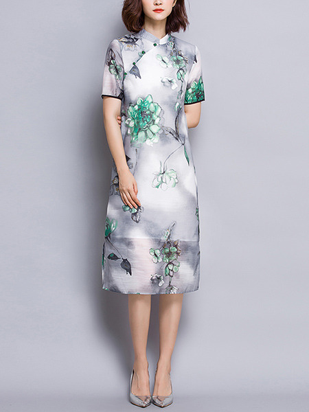 Grey and Green Shift Knee Length Plus Size Floral Dress for Casual Party Evening Office