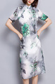 Grey and Green Shift Knee Length Plus Size Floral Dress for Casual Party Evening Office