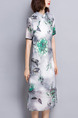 Grey and Green Shift Knee Length Plus Size Floral Dress for Casual Party Evening Office