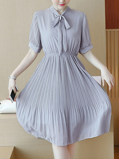Grey Fit & Flare Knee Length Plus Size Pleated Dress for Casual Office Evening Party
