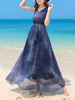 Blue Maxi V Neck Dress for Casual Beach