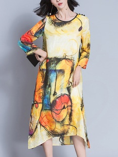 Yellow Colorful Shift Midi Plus Size Dress for Casual Party Evening Office