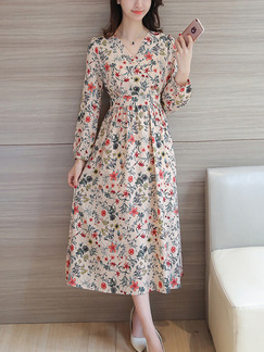 Beige Colorful Fit & Flare Midi Plus Size V Neck Long Sleeve Floral Dress for Casual Party Evening Office
