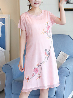 Pink Shift Above Knee Plus Size Floral Cute Dress for Casual Party