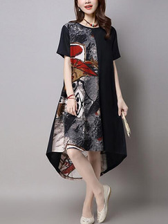 Black Colorful Shift Midi Plus Size Dress for Casual Party