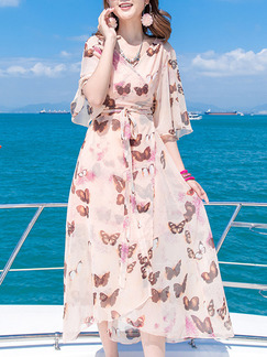 Pink Two Piece Midi Plus Size Floral V Neck Wrap Dress for Casual Beach