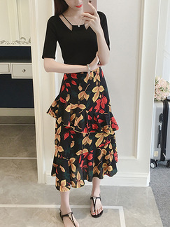 Black Yellow and Red Two Piece Midi Dress for Casual Office Evening Party
