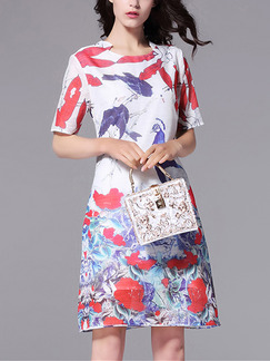 White Colorful Shift Above Knee Plus Size Floral Dress for Casual Party Evening