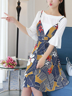 Blue and White Colorful Two Piece Fit & Flare Above Knee Plus Size Dress for Casual Party Evening