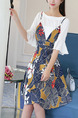 Blue and White Colorful Two Piece Fit & Flare Above Knee Plus Size Dress for Casual Party Evening