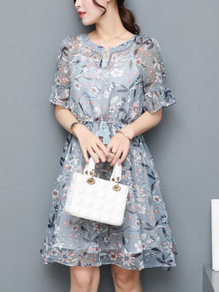 Blue Fit & Flare Knee Length Plus Size Floral Dress for Casual Party Evening Office