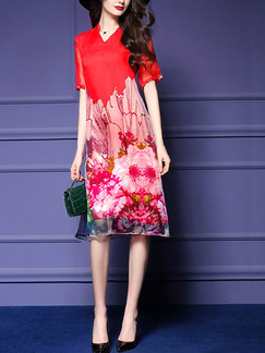 Red Colorful Shift Knee Length Plus Size V Neck Floral Dress for Casual Party Evening