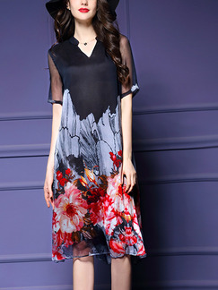 Black Colorful Shift Knee Length Plus Size V Neck Floral Dress for Casual Party Evening
