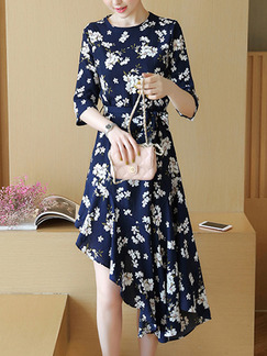 Blue and White Shift Midi Floral Dress for Casual Office Evening Party