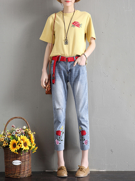 Blue Colorful Three Quarter Floral Plus Size Denim Pants for Casual