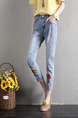 Blue Colorful Three Quarter Floral Plus Size Denim Pants for Casual