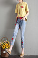 Blue Colorful Three Quarter Floral Plus Size Denim Pants for Casual