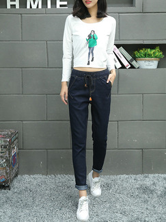 Dark Blue Long Plus Size Denim Pants for Casual