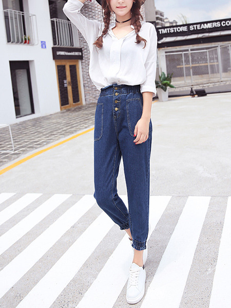 Blue Long Plus Size Denim Pants for Casual