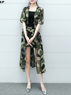 Black and Green Camouflage Three Piece Shirt Shorts Plus Size Jumpsuit for Casual Party
