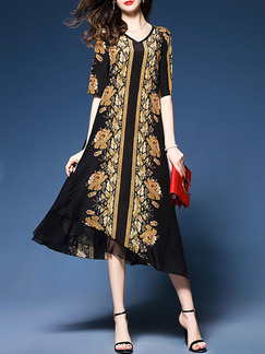 Black and Brown Shift Midi Plus Size V Neck Dress for Casual Party Evening