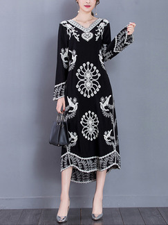 Black and White Shift Midi V Neck Lace Long Sleeve Dress for Casual Evening Office