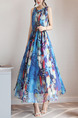 Blue Colorful Maxi Plus Size Dress for Casual Beach