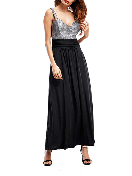 Black and Silver Maxi Plus Size Slip V Neck Dress for Cocktail Ball ...