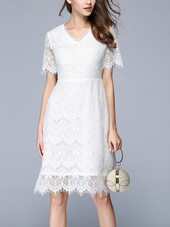 White Sheath Knee Length Plus Size Lace V Neck Dress for Casual Office Evening