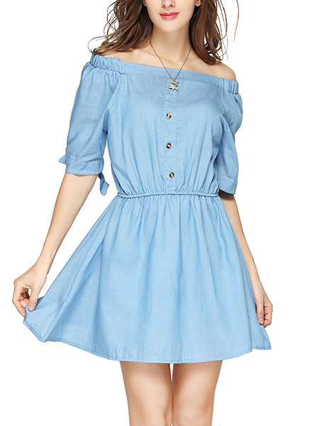 Blue Fit & Flare Above Knee Off Shoulder Dress for Casual Party Evening