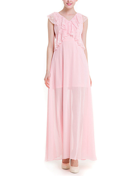 Pink Maxi Plus Size V Neck Cute Dress for Cocktail Party Prom