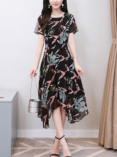 Black Colorful Fit & Flare Midi Plus Size Floral Dress for Casual Party Evening Office