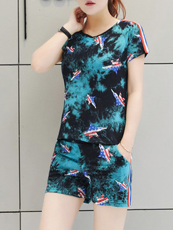 Blue Green Colorful Two Piece Shirt Shorts Plus Size Jumpsuit for Casual Party