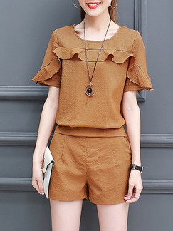 Brown Two Piece Shirt Shorts Plus Size Jumpsuit for Casual Office