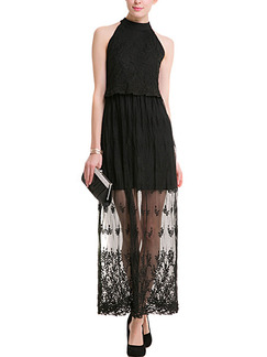 Black Maxi Plus Size Halter Lace Dress for Cocktail Party Prom