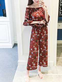 Brown Colorful Two Piece Floral Off Shoulder Shirt Wide Leg Pants Jumpsuit for Casual Office