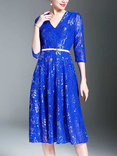 Blue Midi Slim V Neck Full Skirt Lace Plus Size Dress for Party Evening