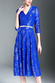 Blue Midi Slim V Neck Full Skirt Lace Plus Size Dress for Party Evening
