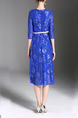 Blue Midi Slim V Neck Full Skirt Lace Plus Size Dress for Party Evening