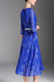 Blue Midi Slim V Neck Full Skirt Lace Plus Size Dress for Party Evening