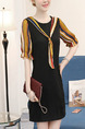 Black Colorful Above Knee Slim Round Neck Contrast Linking Plus Size Dress for Casual Office Party Evening