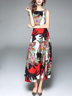 Colorful Midi Located Printing Boat Neck Full Skirt Dress for Casual Party Evening