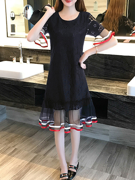 Black Red and White Kee Length Lace Linking Mesh Ruffled Dress for Casual Party Evening