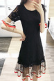 Black Red and White Kee Length Lace Linking Mesh Ruffled Dress for Casual Party Evening
