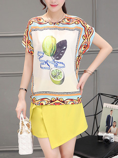 Yellow and White Colorful Printed Irregular Two-Piece Plus Size Jumpsuit for Casual Office Party